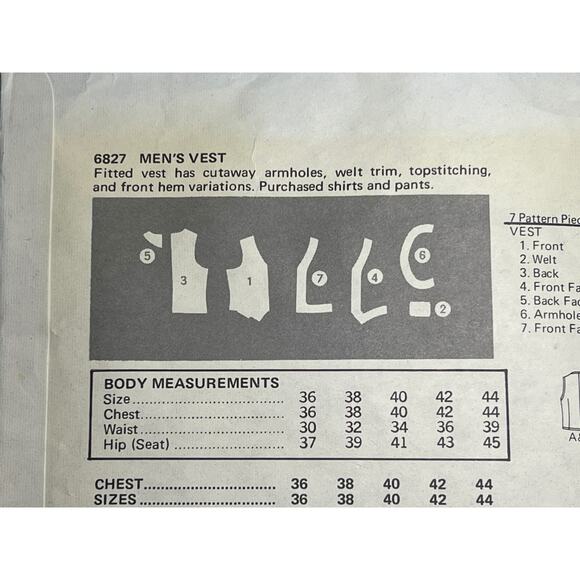 Butterick sewing pattern 6827 mens vest size 36 - Picture 4 of 6